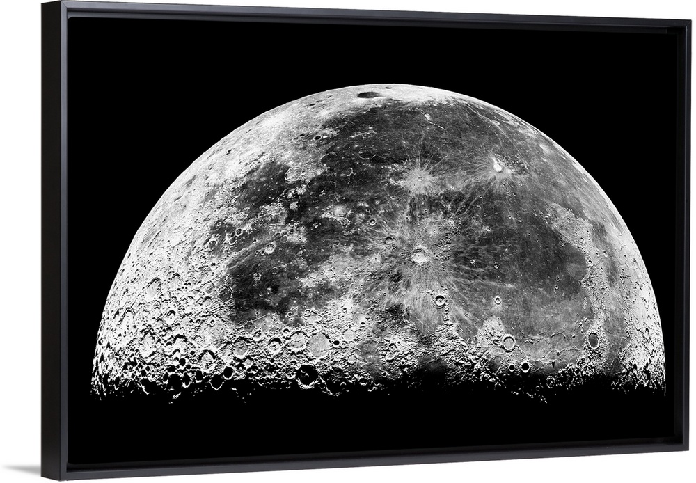 Horizontal photograph of the Earthos moon displaying geographic features and craters.