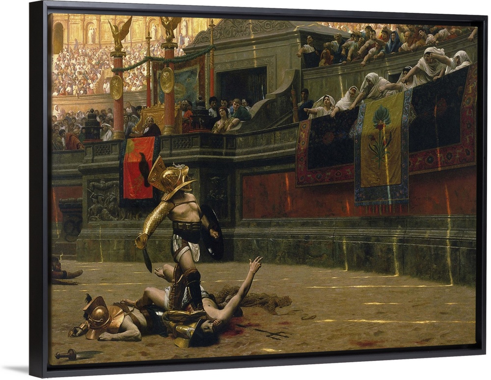 Vintage print of a Roman Gladiator with his defeated opponent.