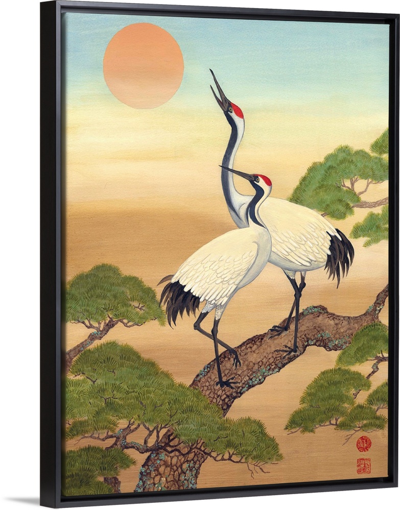 Asian style painting of two cranes perched in a tree, looking at the sun.