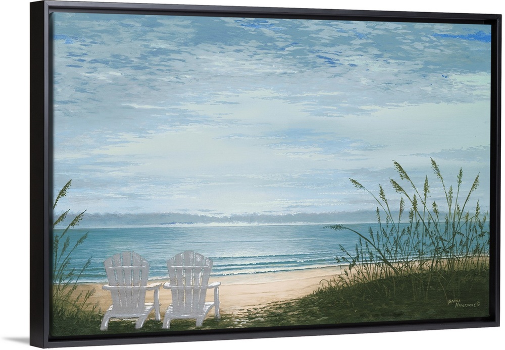 Contemporary painting of two adirondack chairs in the sand overlooking the beach.