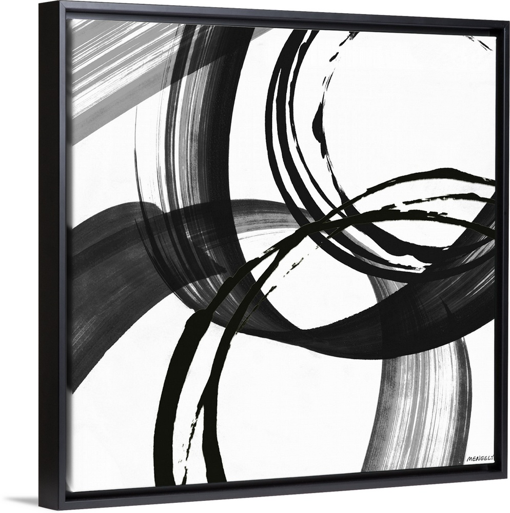 A contemporary abstract painting with big circles using black and white hues.