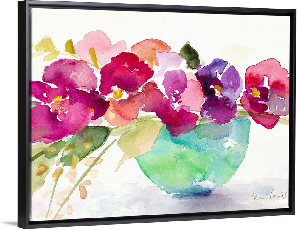 Watercolor painting of flowers in a blue bowl.