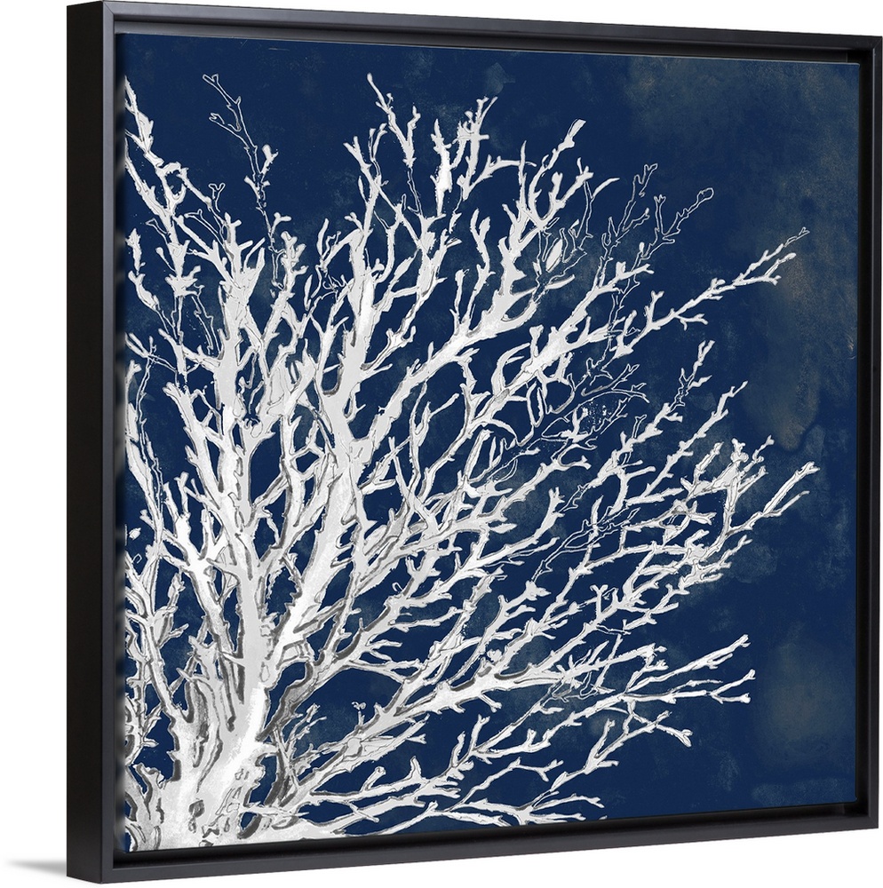 This is square artwork for the home, office, or beach house that is a drawing of coral over a contrasting ink wash.
