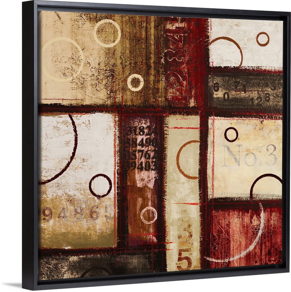 Contemporary abstract art of blocks and circles of dark colors laid overtop of digital numbers.