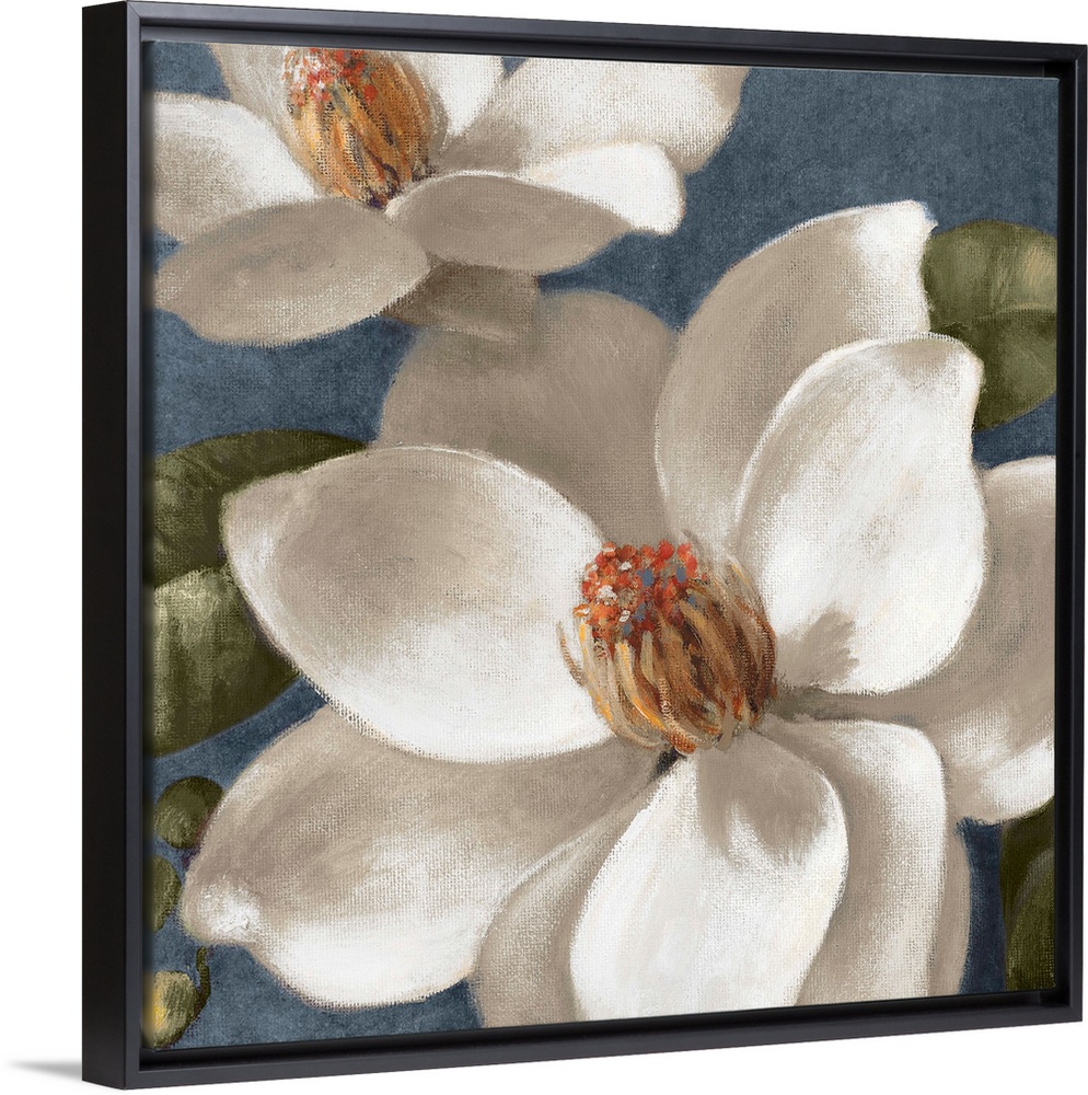 Acrylic painting of two flowers with broad petals in full bloom backed by rounded leaves.