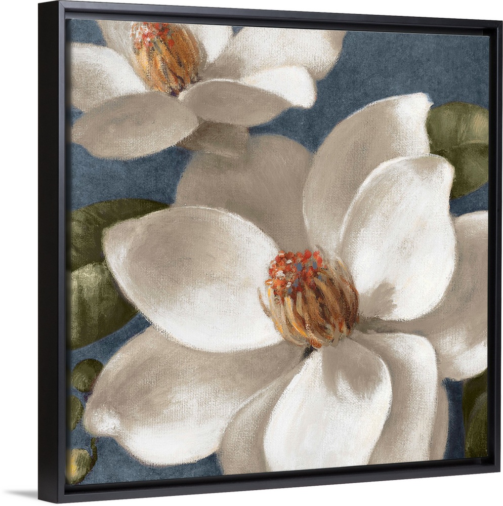 Acrylic painting of two flowers with broad petals in full bloom backed by rounded leaves.