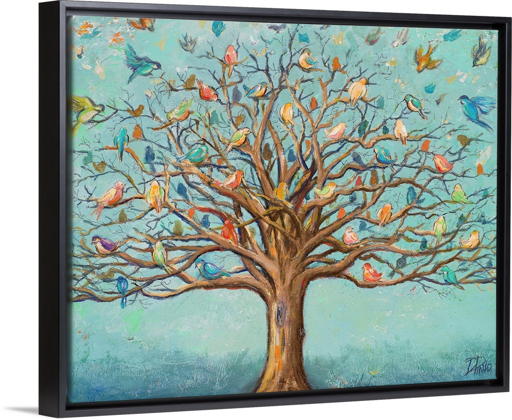 Artwork of a tree with branches full of colorful birds.