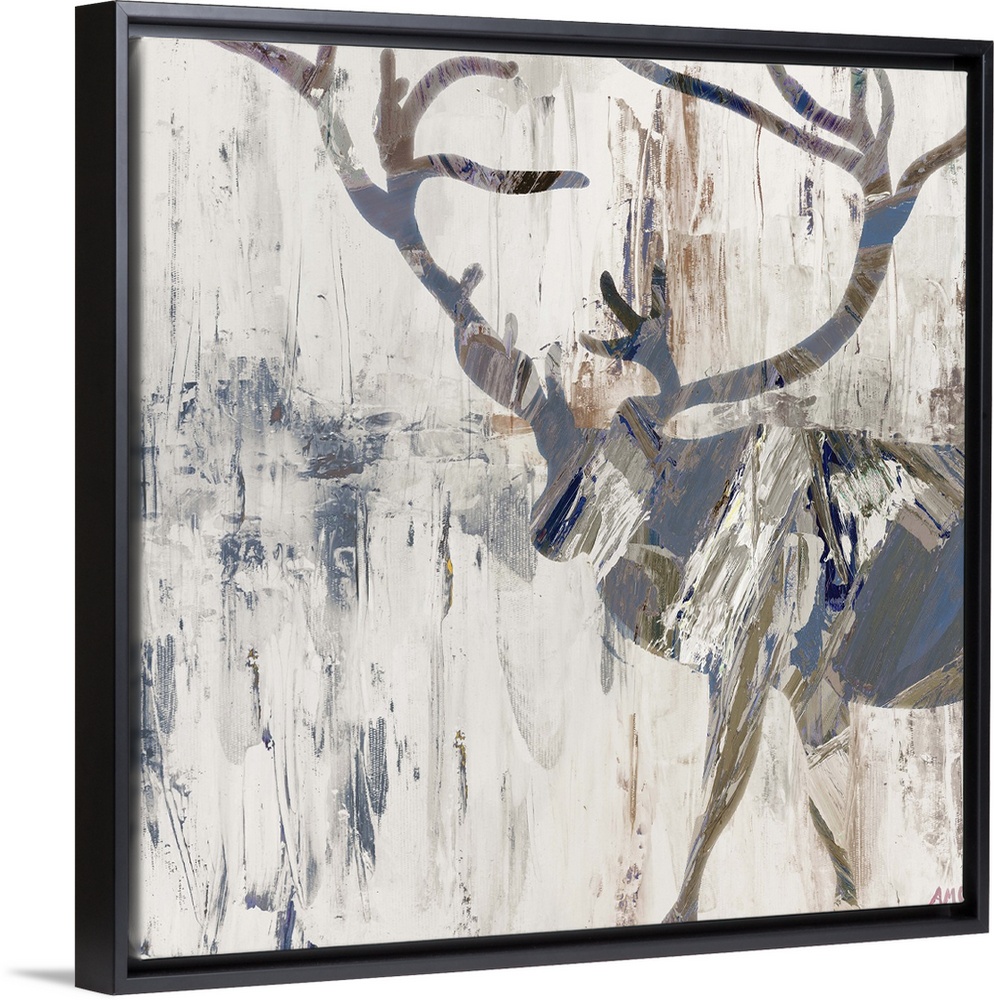 Silhouette of a deer with large antlers in earth tones.