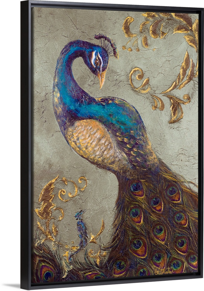 Painting of a feathered bird with long neck posing.  Its colorful eye-like tail feathers fill the bottom of the canvas.  T...
