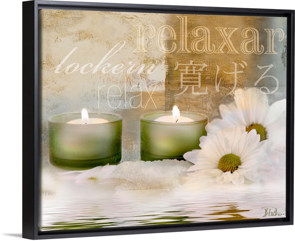 Digital artwork of candles and flowers sitting in water with typographic design in background.