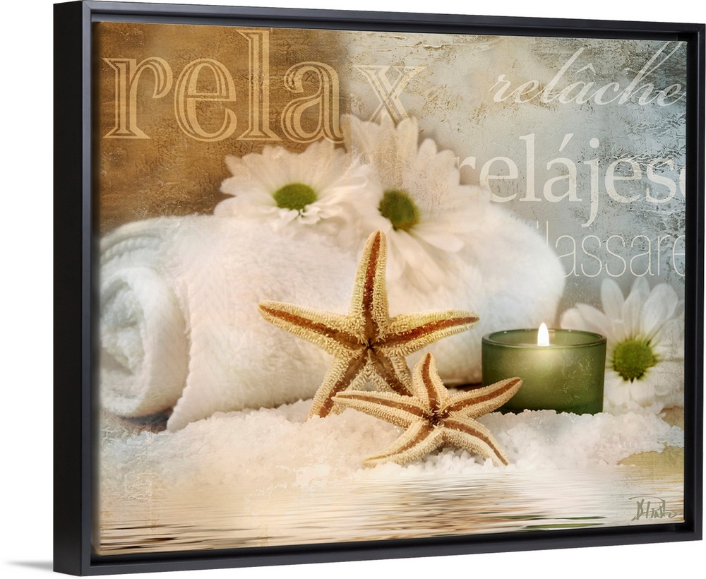 Seaside spa themed home docor wall art of daisies, starfish, a candle, and super imposed typography saying orelaxo in diff...