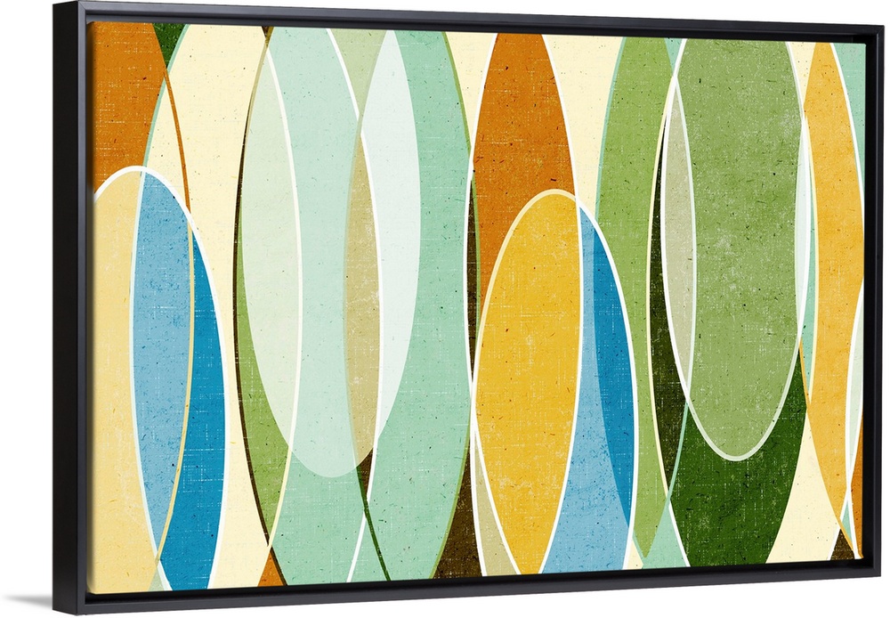 Abstract painting with a mid-century feel of organic shapes with clean lines and mild colors.