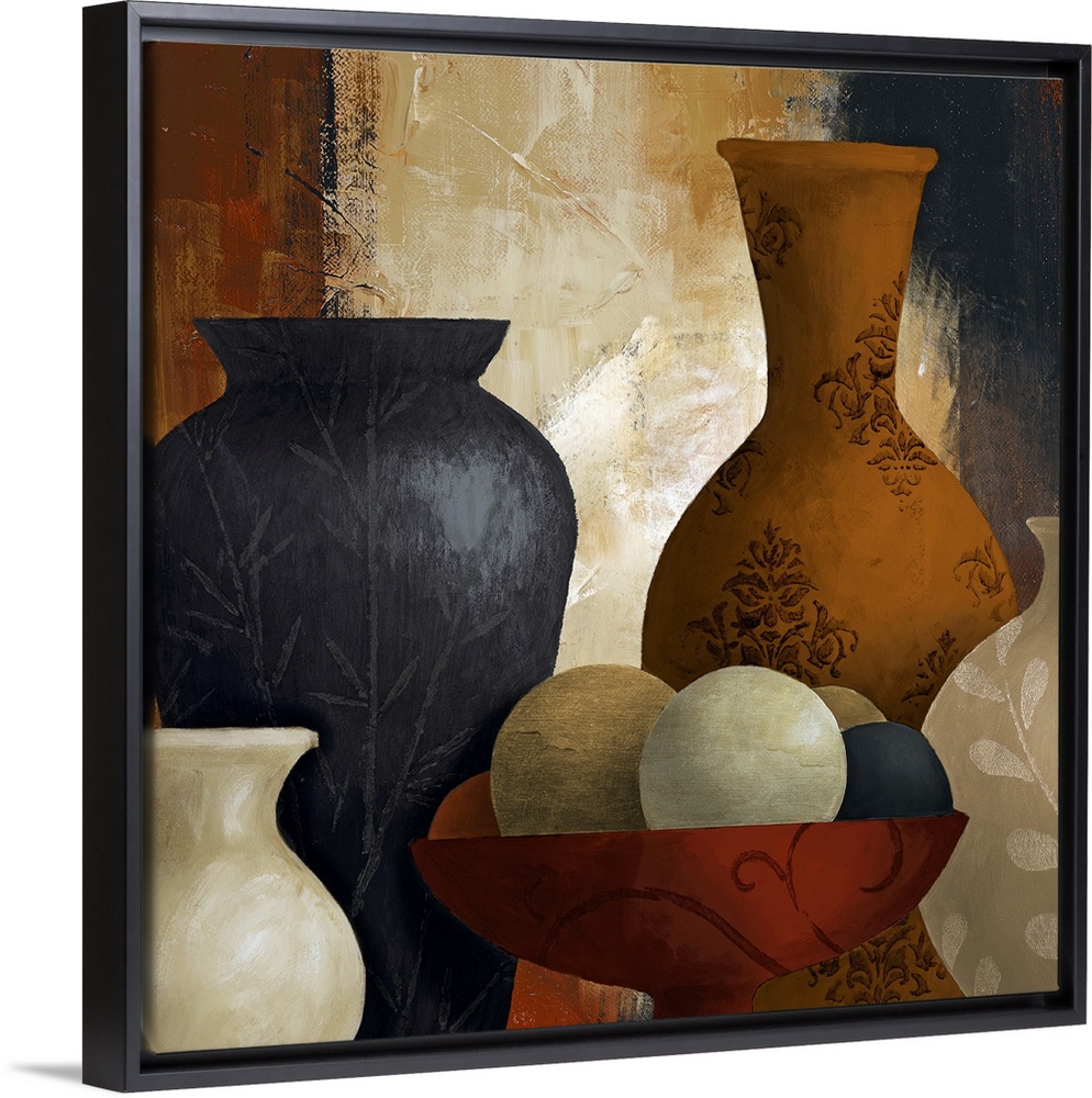 A piece of contemporary artwork that has multiple vases of different shapes and sizes with various designs and one holding...