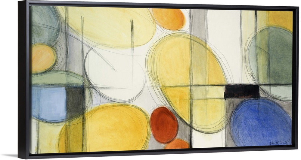 Abstract painting in colorful circular shapes and intersecting lines.