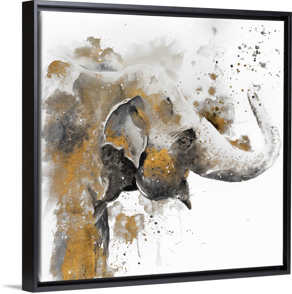 Watercolor painting of an elephant embellished with gold and paint splatters.