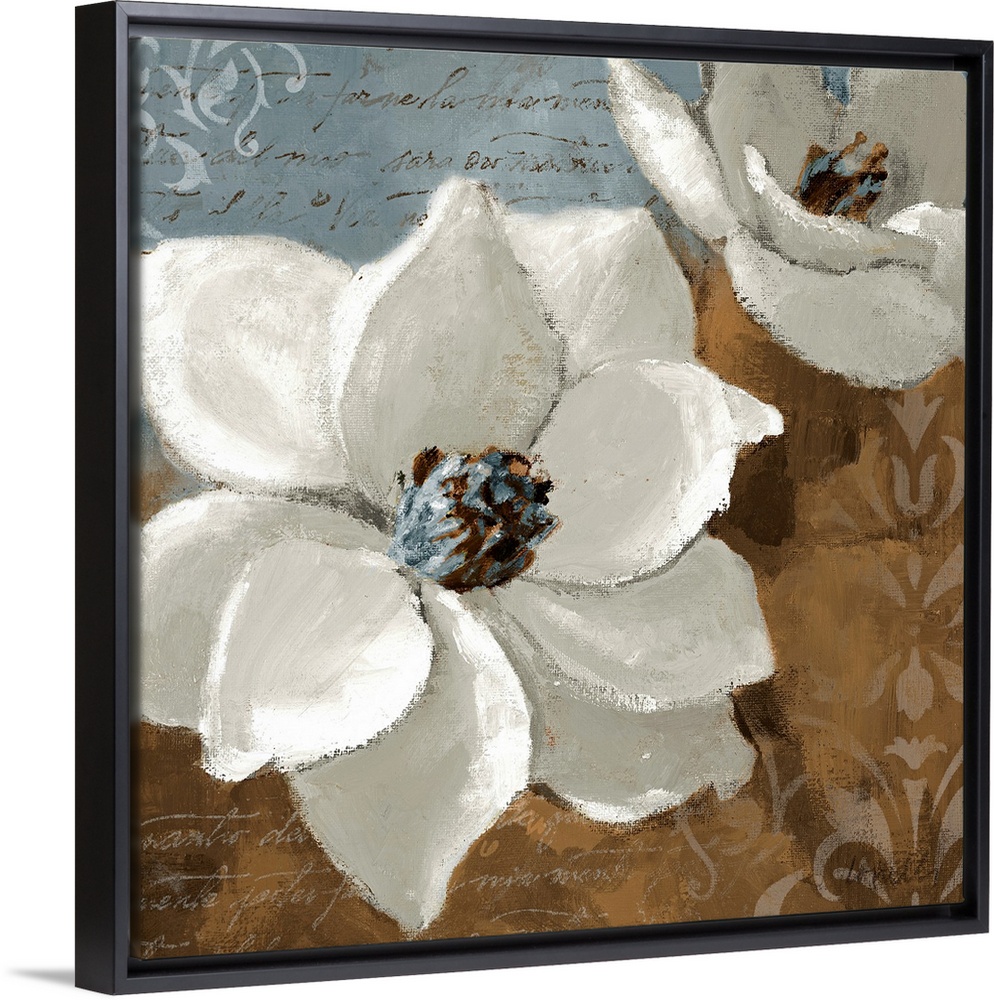 Square wall art of two flower blossoms painted on decorative backgrounds containing hand written words.