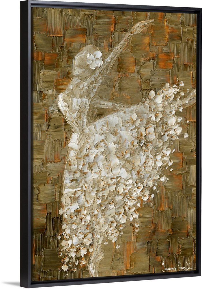 Painting of a ballerina in a white ball gown on an abstract background of cool brown and rust shades.
