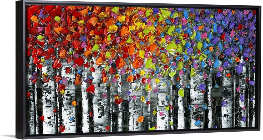 Contemporary multicolored birch trees in a forest landscape.