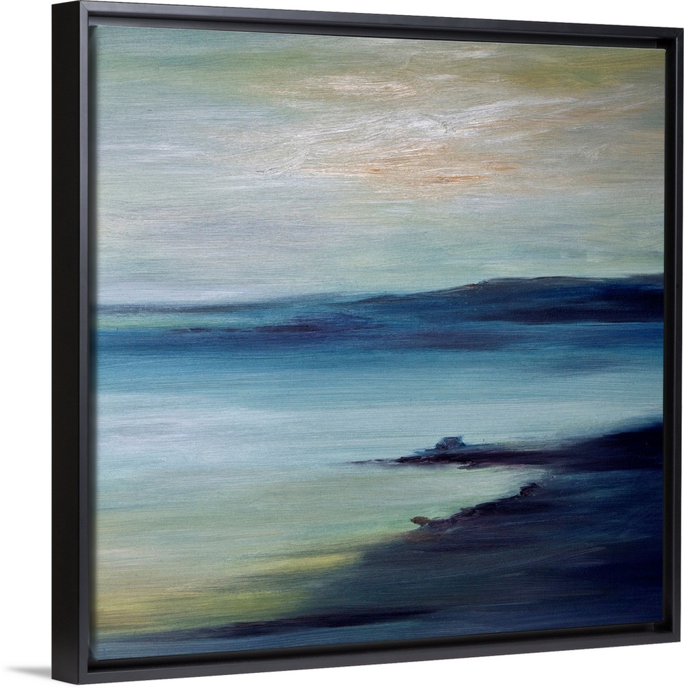 A large piece of contemporary artwork of a painted coast with land protruding into the water in the distance.