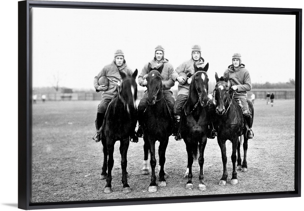 'The Four Horsemen,' the Notre Dame backfield of 1924 on horseback. Don Miller, Elmer Layden, Sleepy Crowley and Harry Stu...