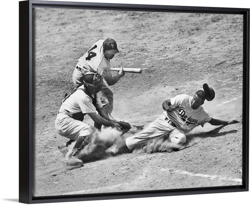 John Roosevelt Robinson, known as Jackie. American baseball player. As a member of the Brooklyn Dodgers, stealing home und...