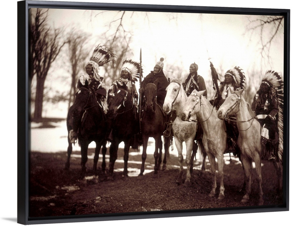 Native American Chiefs. Six Tribal Chiefs, In Ceremonial Attire. Left To Right, Little Plume (Piegan), Buckskin Charley (U...