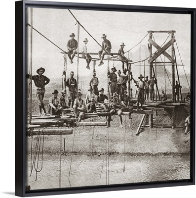 Suspension bridge during construction over the irrigation canal near Giza, 1916