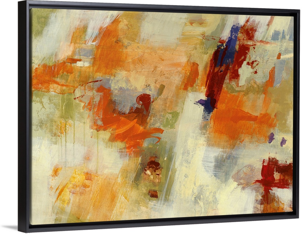 Colorful contemporary abstract painting consisting of wide brush strokes and dripping painting.