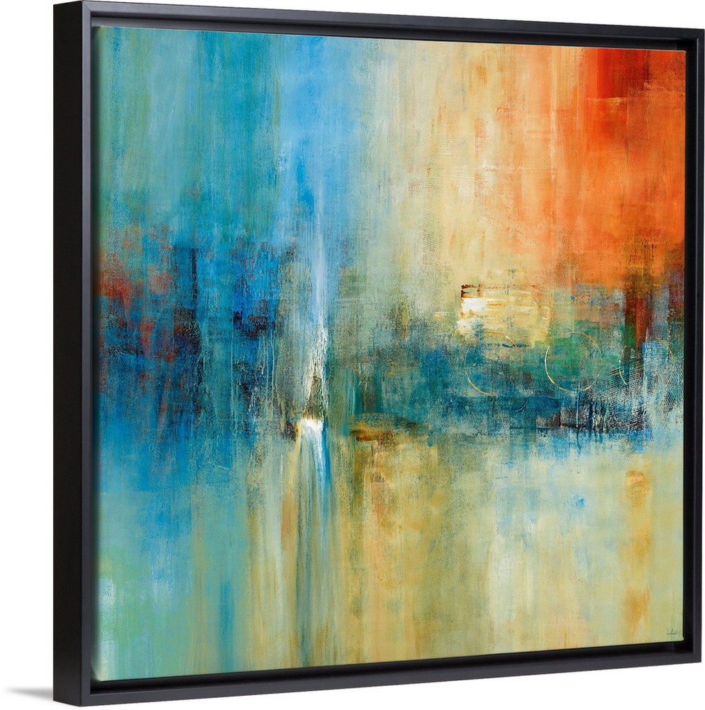 A square abstract painting with strong vertical movement and dramatic use of color. The serene composition and simplistic ...