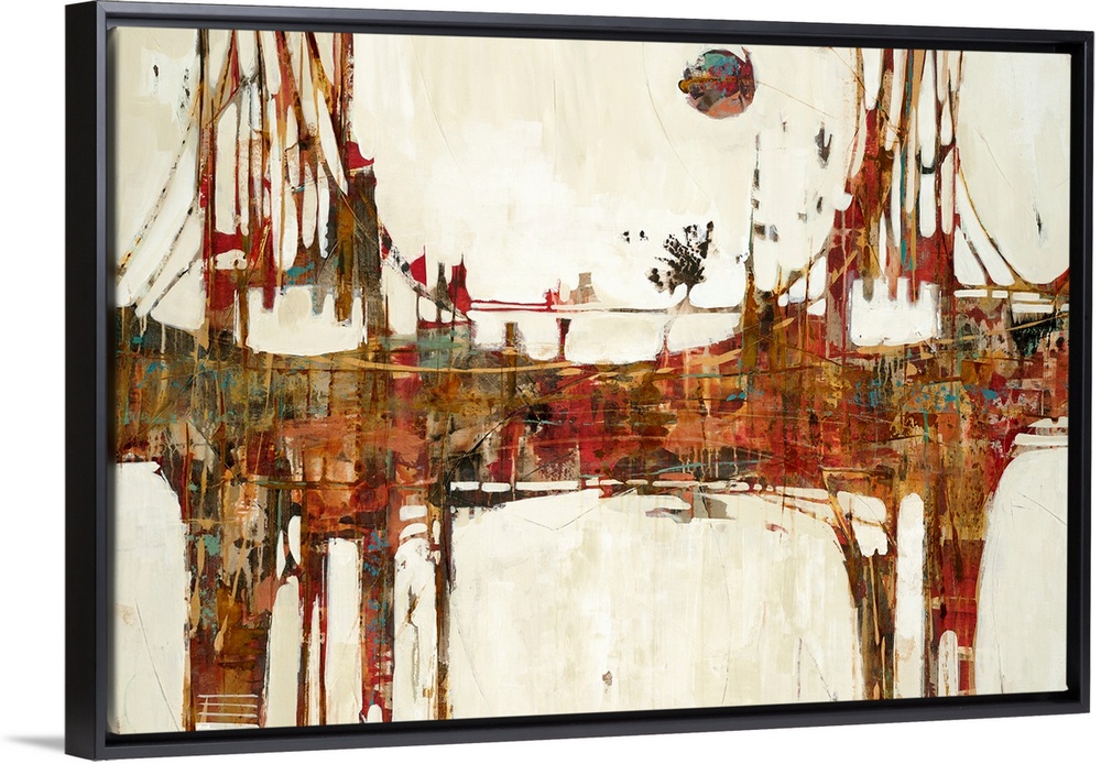 Landscape abstract painting in patches of warm tones of a bridge extending horizontally.