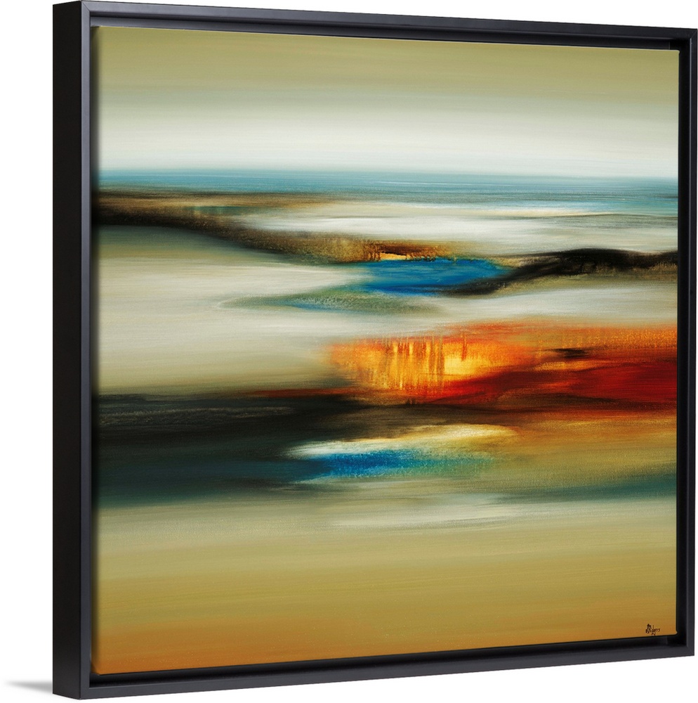 Contemporary abstract painting of landscape below covered by fog and mist.