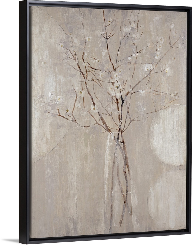 A monochromatic vertical painting of  twigs with tiny flowers.