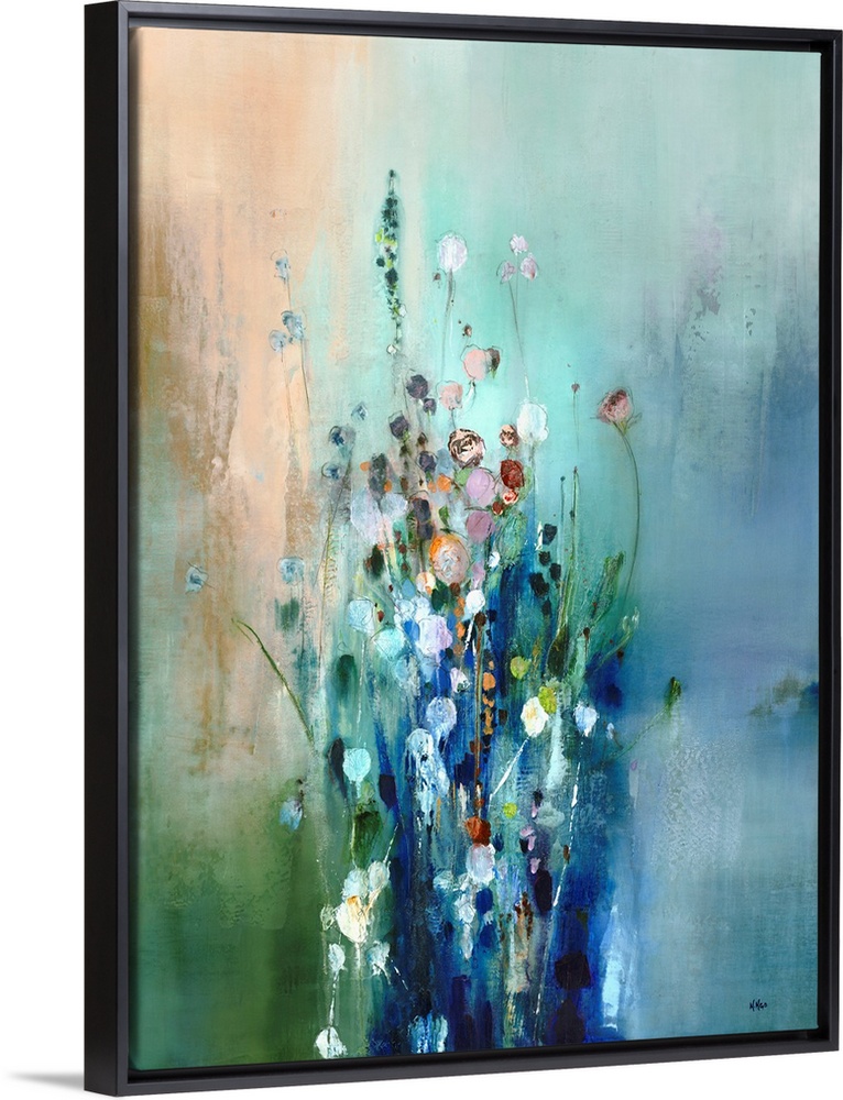 A contemporary abstract painting that resembles a bunch of tall wildflowers on a green and blue background