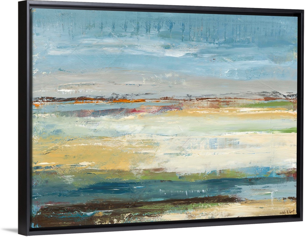 Abstract painting representing a beach landscape with blue, green, orange, brown, yellow, gray, and cream hues.