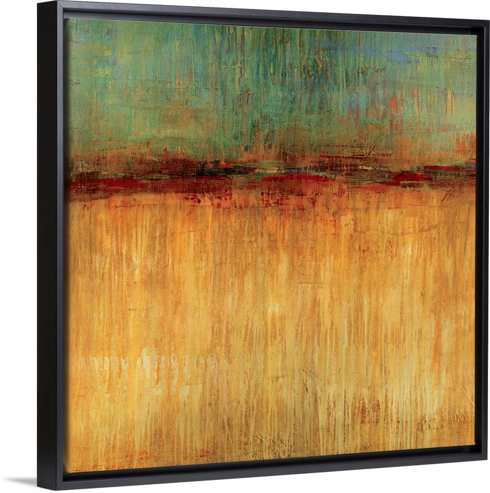 Big, square abstract artwork for a living room or office.  Smaller section of cooler colors at the top appear to drip vert...