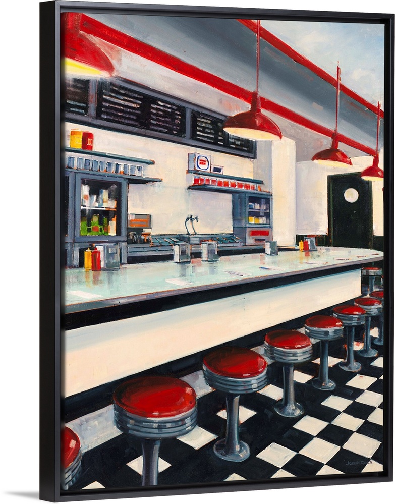 Contemporary realistic painting of a red, white, and red old school diner.