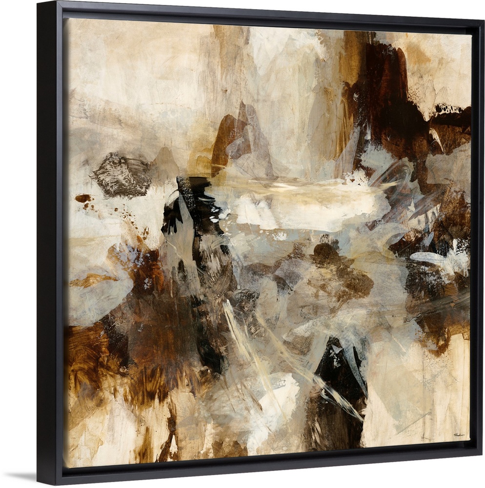 Contemporary tonal abstract painting of overlapping brush strokes varying in length and thickness, oriented in all directi...