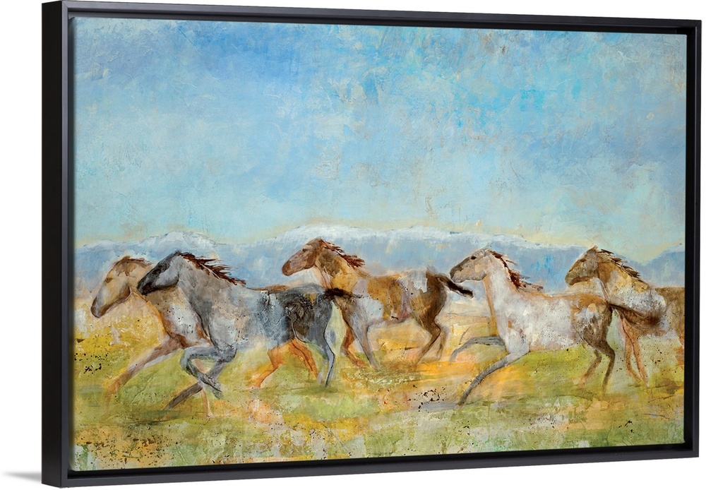 A landscape painting of wild horses running across the plains; the horses have been painted with a sense of movement and a...