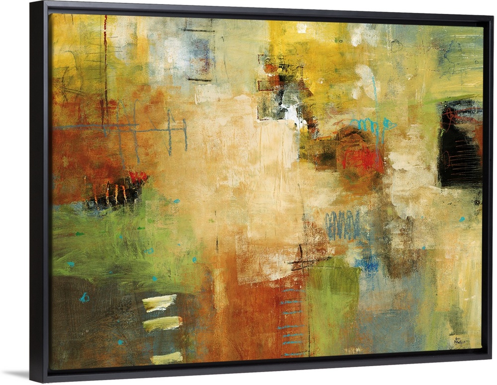 A horizontal abstract painting with a whimsical composition. This wall art is made by a variety of paint textures layers o...