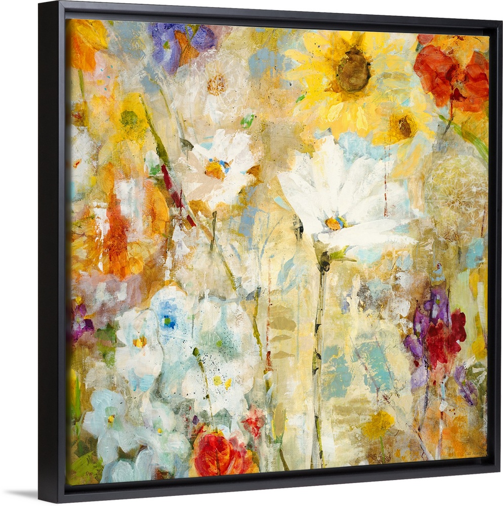 Big contemporary floral art shows a wide assortment of flowers including sunflowers and dandelions that are represented th...