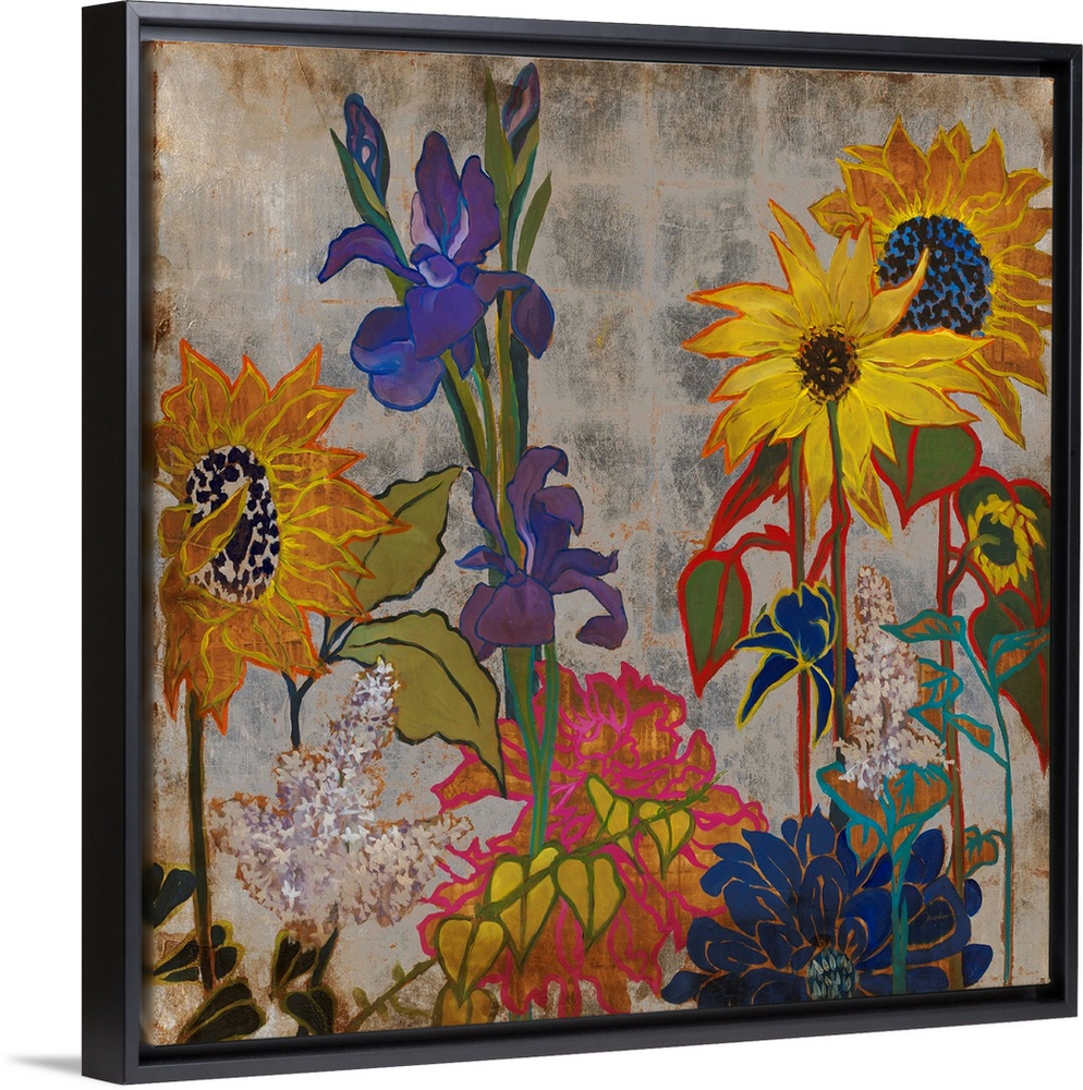 A square painting of primary colored wild flowers in a garden with a silver square patterned background.