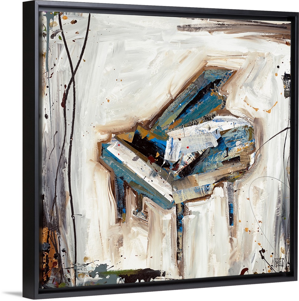 Huge contemporary art focuses on a grand musical instrument set against a background filled with light tones and highlight...