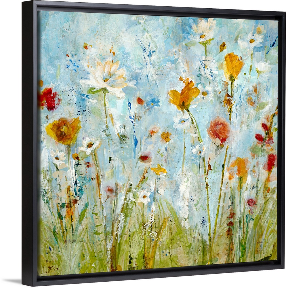 A vertical abstract landscape painting of loosely painted flowers and grass that reminiscent of a spring day.