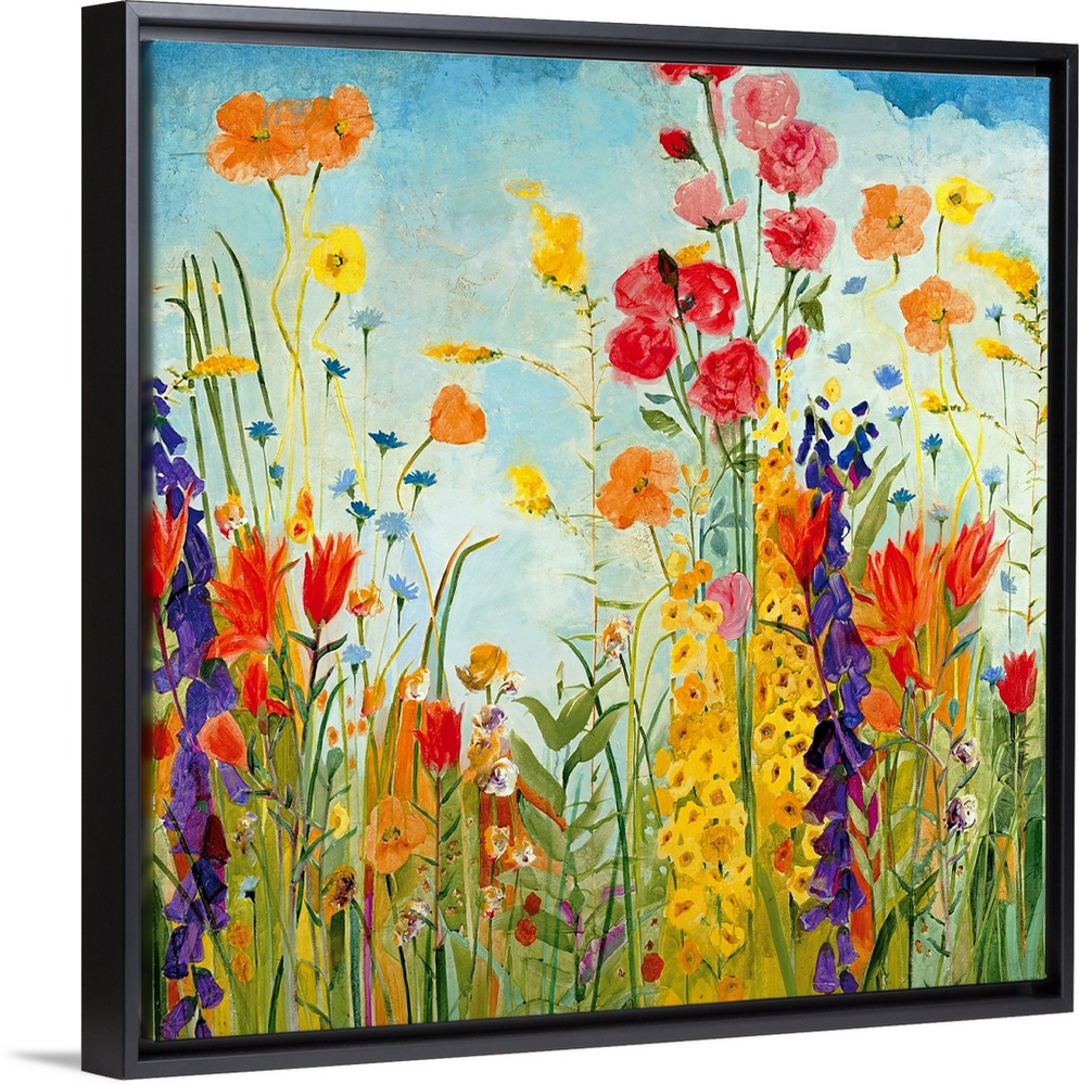 A square, contemporary painting of a variety of flowers on a sunny day. Floral wall art perfect for the home or office.