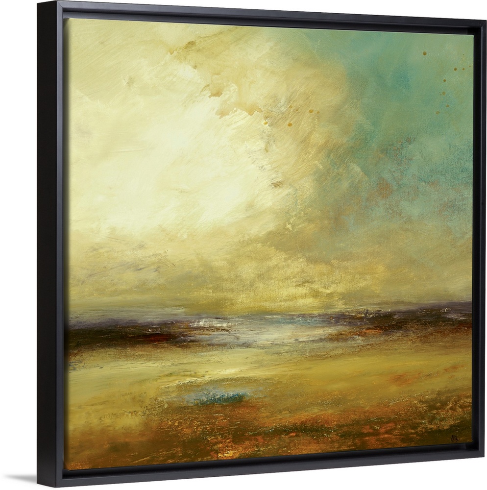 Large abstract landscape painting showcasing a cloudy sky over a beach and ocean.  This piece is composed of mostly Earthy...