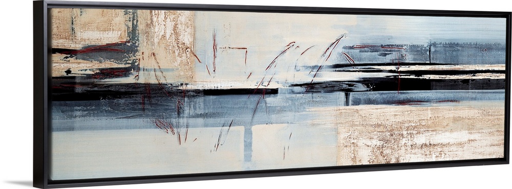 Contemporary abstract painting using cool tones mixed neutral tones and harsh lines.