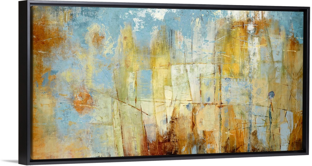 Oversized landscape contemporary art with patchy areas of varying rust colored shapes on a blue background.