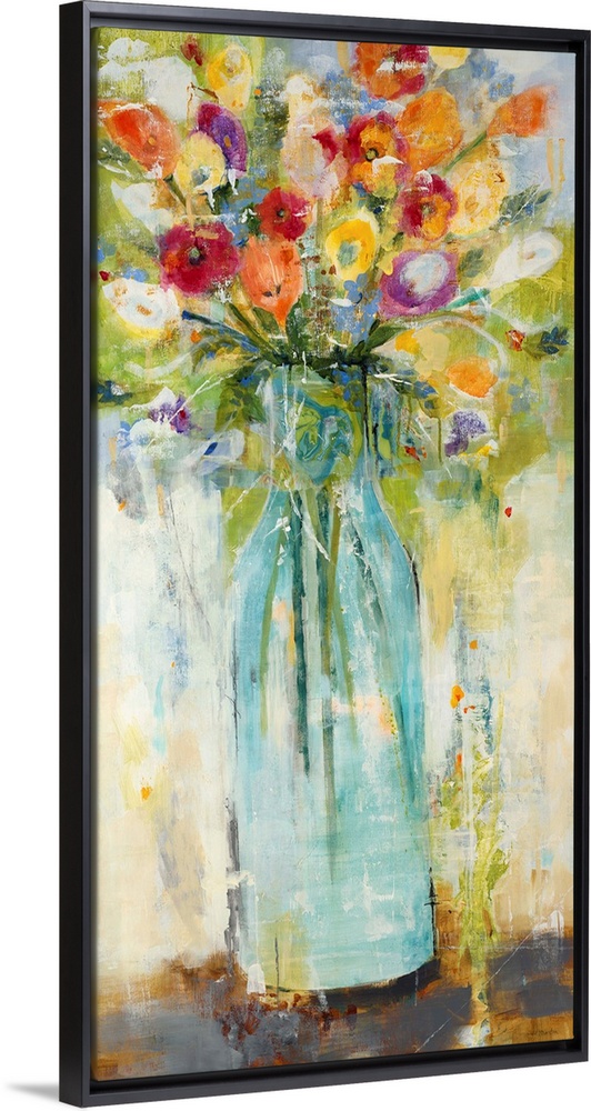 Large panel painting of colorful wildflowers in a glass vase.
