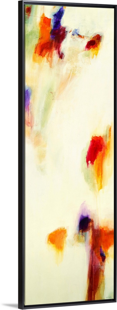 Contemporary abstract painting using splashes of red and orange  against a beige background.