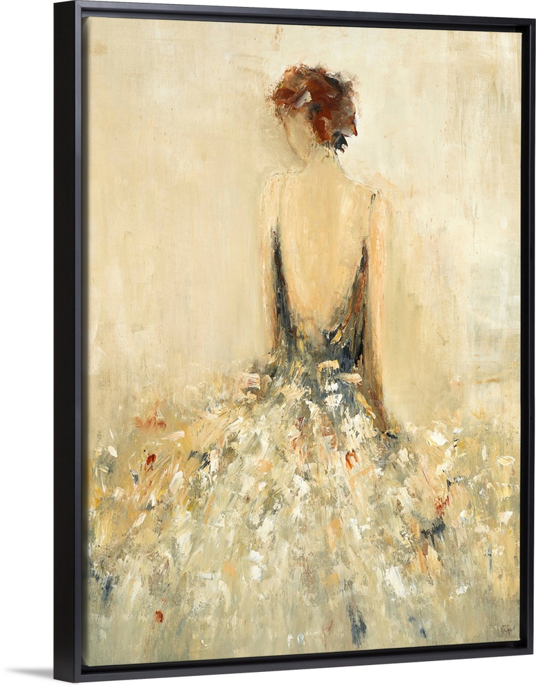 Abstract painting of the back of a woman wearing a flowing gown in neutral tones.